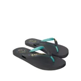 Ojotas negras con tiras de goma color verde agua y logo Rip Curl en dorado.