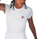Remera deportiva Fila de mujer, color blanco, de manga corta y cuello redondo. Presenta un corte ajustado y el logo Fila bordado en el pecho.
