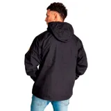 Chaqueta color verde oliva con capucha desmontable, cierre frontal con cremallera y bolsillos laterales.