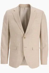 Blazer beige de lino y algodón, corte slim fit, con solapa de muesca, cierre de dos botones, bolsillo en el pecho y bolsillos delanteros con solapa.