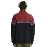 Canguro rojo y negro con cuello alto con cierre de cremallera corto, bolsillo tipo canguro y logo de la marca bordado en el pecho.