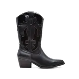 Bota texana color beige con bordados dorados en la caña y taco de madera.