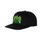 Gorra negra con visera, con estampado de criatura psicodélica en verde neón.