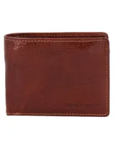 Billetera de cuero color marrón con costuras a contratono y logo de la marca grabado en la parte inferior.