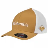 Gorra de béisbol Columbia color beige con paneles traseros de malla azul marino y logo de la marca bordado en el frente.