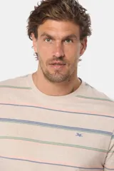 Remera de manga corta con rayas horizontales en tonos beige, azul, verde y salmón.