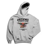 Buzo canguro gris con capucha y cordones ajustables. Estampado frontal con el logo de la banda Creedence Clearwater Revival y un águila con un cuchillo.