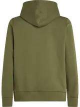 Buzo con capucha verde oliva de Tommy Hilfiger, con logo redondo bordado en el pecho y bandera bordada en el puño. Cuenta con cuello con cordones ajustables y bolsillo de canguro.
