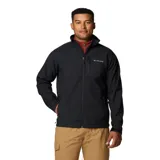 Chaqueta Columbia Ascender Soft Shell para hombre, color negro, resistente al agua y al viento. Cuenta con protector de mentón, bolsillo en el pecho con cierre, bolsillos para manos con cierre, puños ajustables y dobladillo ajustable con ceñidor.