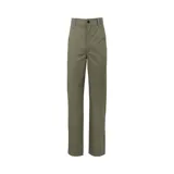 Pantalón de gabardina color verde oliva, corte recto, con bolsillos laterales, traseros y utilitario en el muslo. Cierre con cremallera y botón.