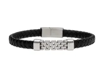 Pulsera de cuerina trenzada color negro con detalle de eslabones de acero plateado y cierre magnético.