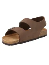 Sandalias marrones de cuero con dos tiras anchas ajustables con hebilla y tira trasera con hebilla.