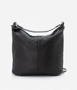 Bolso hobo grande desestructurado de PU color negro, con correa de mano, correa larga desmontable, cierre lateral ajustable con tiradores y cierre superior.