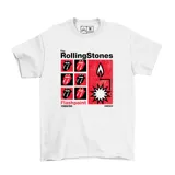 Remera blanca de algodón con estampado frontal inspirado en el álbum "Flashpoint" de The Rolling Stones (1989/90). El diseño incluye el logo de la banda, seis versiones del logo de la lengua y una ilustración de una mecha encendida con una explosión.