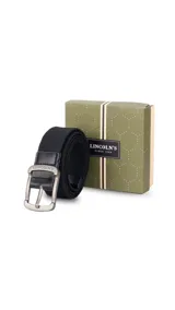 Cinturón casual negro de tela canvas con hebilla metálica plateada y detalles en cuero sintético negro.