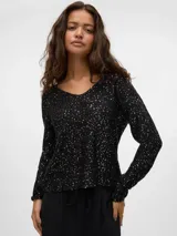 Sweater de punto negro con escote en V, mangas largas y lentejuelas plateadas.