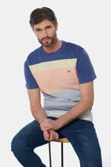 Remera de manga corta con diseño a rayas horizontales en blanco, gris, azul y celeste.
