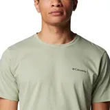 Remera negra de algodón orgánico, con cuello redondo y logo de Columbia estampado en el pecho.