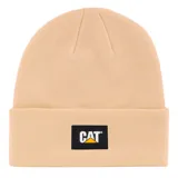 Gorro de lana color beige con logo de Caterpillar (CAT) en el frente.