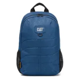 Mochila azul con estampado geométrico, logo de la marca en el frente, tirantes ajustables de malla elástica, bolsillo portaobjetos y ranuras para bolígrafos en el compartimento principal, compartimento trasero con bolsillo acolchado para portátil y cierre de cremallera.