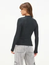 Polera de tejido de punto acanalado color rojo, de manga larga y cuello alto.