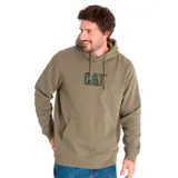 Buzo canguro color verde militar con capucha ajustable con cordones y bolsillo frontal. Logo CAT estampado en el pecho.
