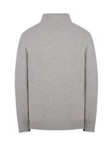 Sweater celeste de punto con cuello alto y cierre frontal completo.