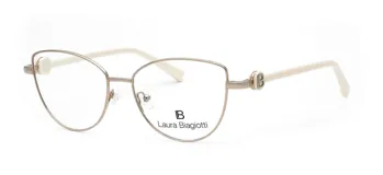 Armazón para lentes Laura Biagiotti, modelo 29 col G2, de metal color plateado con detalles en blanco. Forma rectangular con bordes redondeados y patillas con logo de la marca.