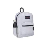 Mochila Jansport Cross Town unisex con estampado de símbolos de la paz en tonos grises. Cuenta con un compartimento principal con funda interna para portátil, bolsillo frontal con organizador, tirantes rectos y panel trasero acolchado, funda lateral de malla para botella de agua y asa de transporte.