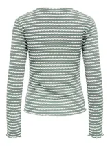 Remera de manga larga color verde agua con rayas horizontales blancas, de tejido acanalado y cuello redondo.