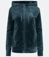 Campera deportiva gris de plush con capucha, cierre frontal y bolsillos laterales.