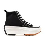 Zapatillas deportivas de caña alta color blanco con suela gruesa de goma color caramelo y detalles en negro.