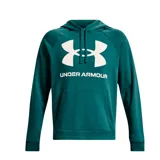 Canguro Under Armour de hombre, color verde esmeralda, con capucha y cordones ajustables. Logo de la marca estampado en el pecho en color blanco.