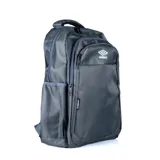Mochila Umbro gris con múltiples compartimentos con cierre, logo de la marca estampado en blanco y bolsillo lateral de red.