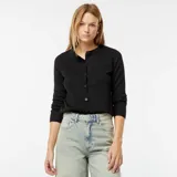 Chaqueta de punto fino negra con cuello redondo y cierre frontal con botones.