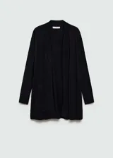Cardigan negro de tejido de punto fino con cuello pico y manga larga.