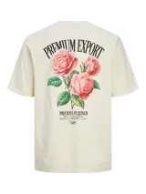 Camiseta color crema de manga corta y cuello redondo, con estampado frontal de rosas y texto "Premium Export".