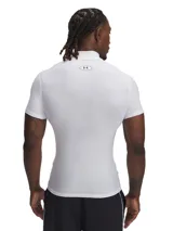Remera blanca de compresión Under Armour HeatGear con cuello alto y logo negro en el cuello.