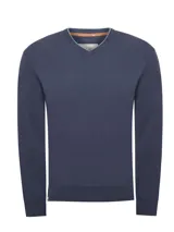 Sweater azul marino de poliéster reciclado, con cuello en V y ribete en contraste.