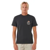 Remera negra de manga corta con cuello redondo y estampado pequeño en el pecho con un sol, olas y el logo de Rip Curl.