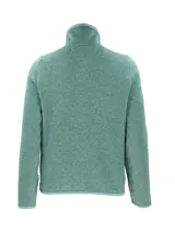 Campera polar verde agua jaspeado con cuello alto y cierre frontal completo. Tiene bolsillos laterales abiertos, un bolsillo con cierre en la manga izquierda y logo de la marca en el pecho. Confeccionada con poliéster reciclado y tecnología 4-way stretch.