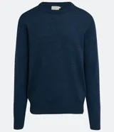 Buzo azul de tejido de punto, cuello redondo y manga larga.