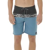 Short de baño Rip Curl Mirage Split Peak, con cintura negra, estampado geométrico en blanco y short azul.