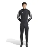 Buzo deportivo Adidas Tiro 24 para hombre, color negro con detalles en blanco, cierre frontal hasta el pecho y las tres tiras características de la marca en las mangas.