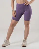 Calza biker lila jaspeado de algodón y lycra opaca, tiro alto y largo a la rodilla.