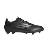 Championes de fútbol Adidas F50 League FG/MG, color negro con detalles plateados. Exterior de Fiberskin con diseño Sprintgrid y suela Sprintplate 360 para césped natural y sintético.