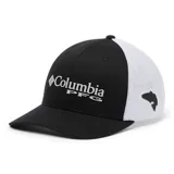Gorro de béisbol Columbia PFG Mesh Ball Cap, unisex, color negro con malla blanca en la parte trasera. Presenta logo de Columbia bordado en el frente y logo de pez en el lateral.