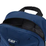Mochila negra con estampado geométrico, logo de Caterpillar en el frente, anillo en D, tiradores de cremallera negro mate, tirantes ajustables de malla elástica, bolsillo portaobjetos y ranuras para bolígrafos en el compartimento principal, compartimento trasero principal con bolsillo acolchado para un portátil.