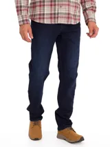 Pantalón de jean azul marino, de corte recto, con bolsillos laterales y traseros. Se ajusta a la cintura con broche y cierre.