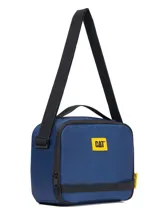 Lonchera unisex Caterpillar de color azul marino, con compartimento principal con cremallera y aislamiento térmico. Cuenta con correa ajustable para el hombro y presillas frontales para fijar accesorios.